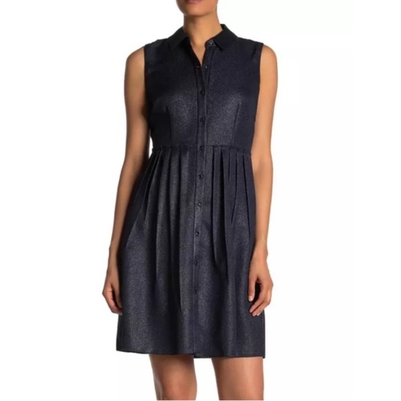 Elie Tahari Samiyah Shimmer Button Front Dress in Navy/Silver Foil, Size 12, NWT - Picture 1 of 13